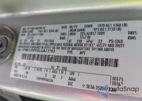 2020 Ford Escape S z USA, uszkodzony, nr VIN 1FMCU0F62LUA22703